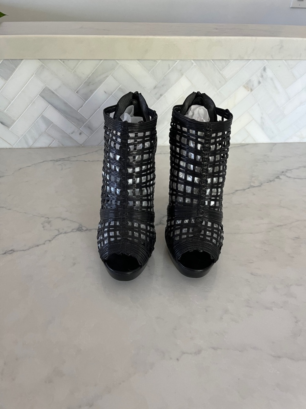 Stuart Weitzman Black Woven Cage Peep-Toe Ankle Heels